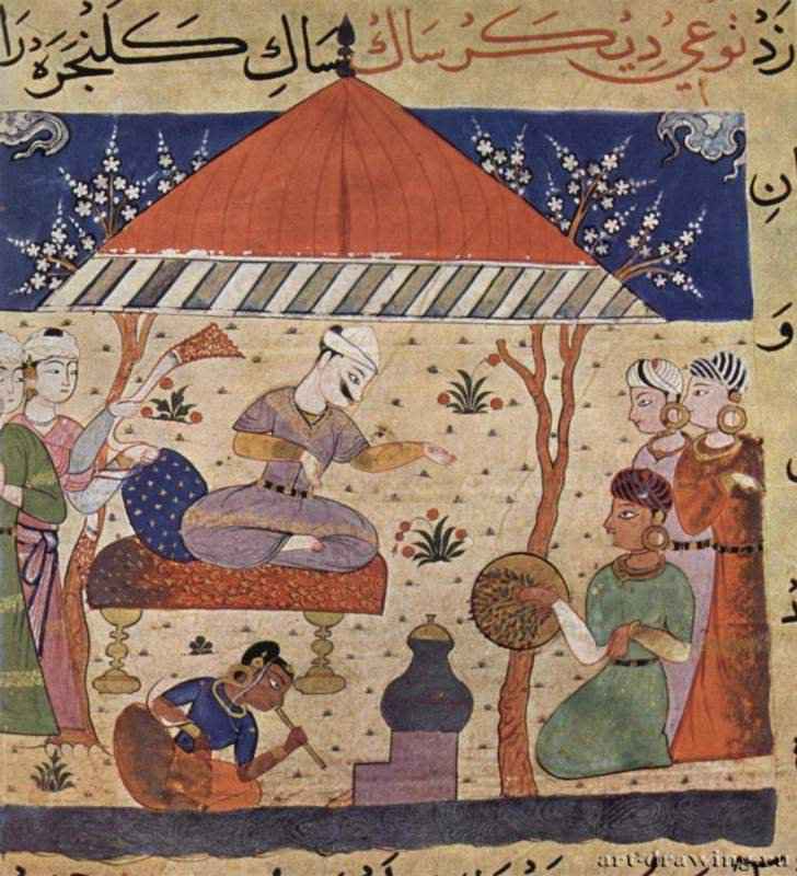 Рукопись Нимат-намэ. Шах с женами. 1510 - 14 x 13 см. Бумага. Индия. Лондон. Библиотека министерства по делам Индии. Миниатюра в рукописи.