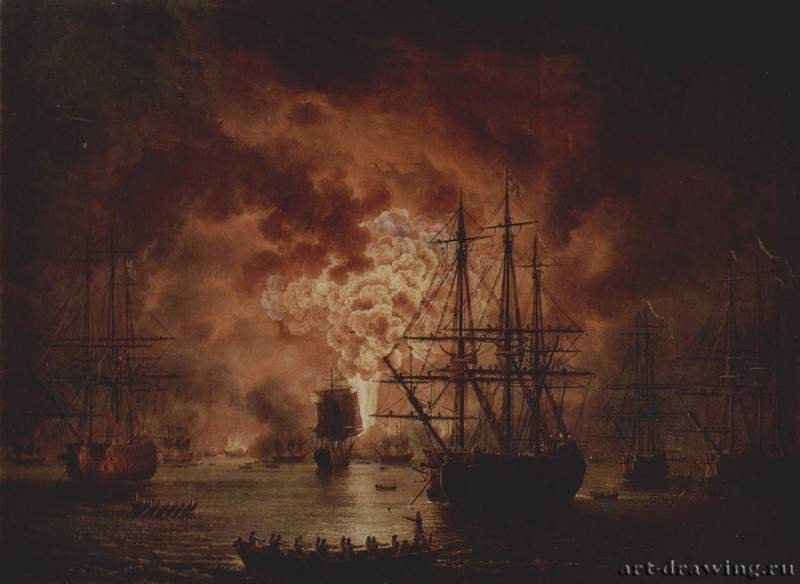 Гибель турецкого флота в сражении при Чесме. 1771 - 162 x 220 смХолст, маслоКлассицизмГерманияСанкт-Петербург. Государственный Эрмитаж