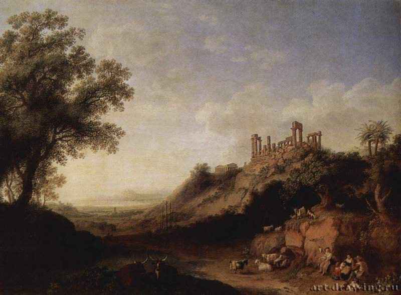 Сицилийский пейзаж с руинами храма. 1778 - 123 x 170 смХолст, маслоКлассицизмГерманияСанкт-Петербург. Государственный Эрмитаж