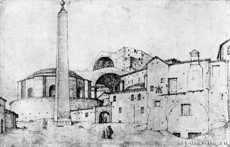 Ватиканский обелиск близ собора Святого Петра и церковь Санта Мария Мария деллe Фебре в Риме. 1532 - Перо коричневым тоном, на бумаге 128 x 200 мм Гравюрный кабинет Берлин