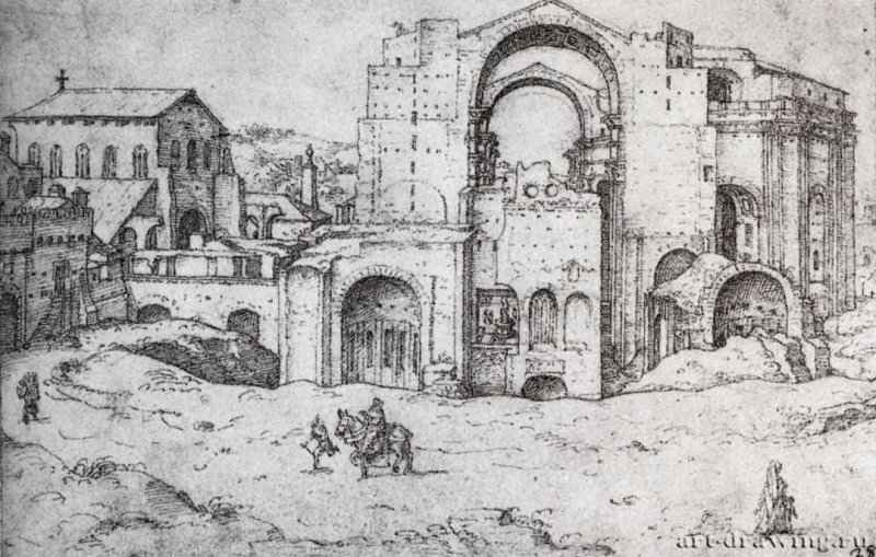 Собор Святого Петра, вид с северо-востока. 1533 - 12,8 x 20 см. Тушь. Берлин. Берлинский музей. Нидерланды.