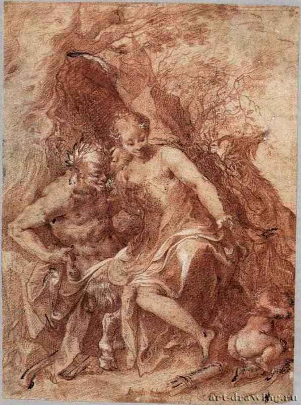 Сатир и Венера с Амуром. 1600 - 226 х 168 мм. Сангина, подсветка белым, на бумаге. Частное собрание. Швейцария.