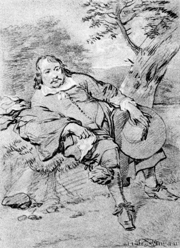 Сидящий мужчина в пейзаже. 1653-1655 - Черный и белый мел, на серой бумаге 193 x 140 мм Собрание ван Регтерен Алтена Амстердам