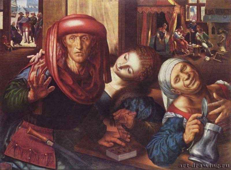 Беспутное общество. 1545-1550 * - 83 x 111 смДеревоМаньеризмНидерланды (Фландрия)Карлсруэ. Кунстхалле