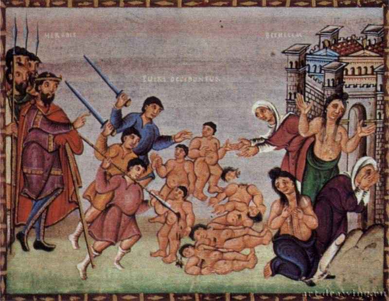 Кодекс Эгберта. Избиение младенцев. 10 век - 10,3 x 13,3 смБумагаРоманское искусство, оттоновский стильГерманияТрир. Городская библиотекаМиниатюра в рукописи, школа Райхенау, книга перикоп для Эгберта, архиепископа Трирского, созданная совместно с мастером Керальдом