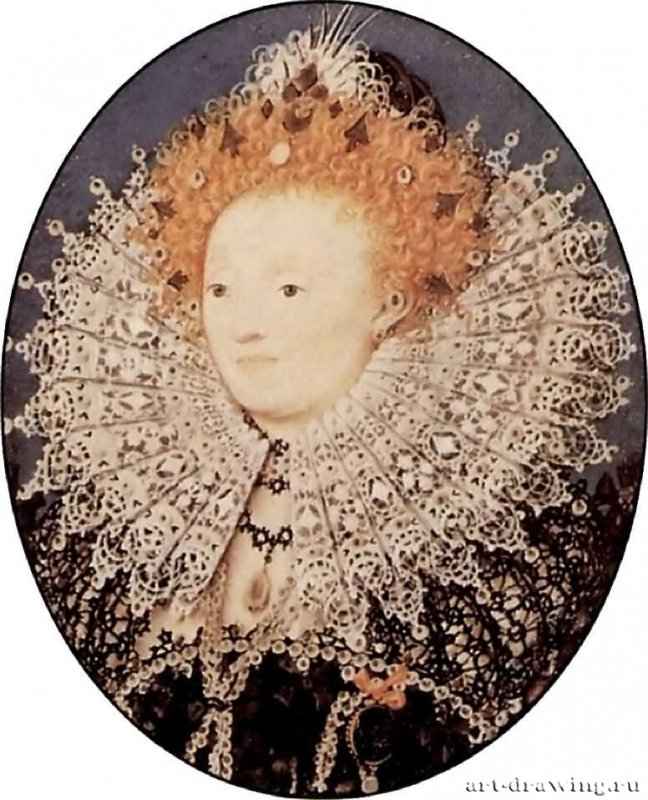 Портрет английской королевы Елизаветы I. 1587 * - 4,5 x 3,8 смАкварель, пергамент, картонВозрождениеВеликобританияЛондон. Национальная портретная галереяМиниатюра, стиль елизаветинской эпохи