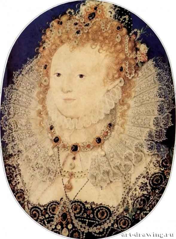 Портрет английской королевы Елизаветы I. 1590 * - 6,3 x 4,8 смАкварель, пергамент, картонВозрождениеВеликобританияЛондон. Музей Виктории и АльбертаМиниатюра, стиль елизаветинской эпохи