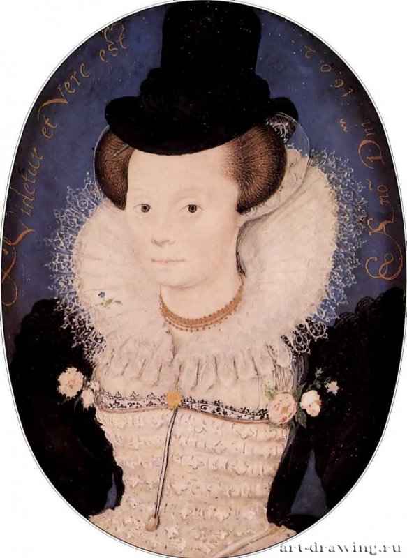 Портрет неизвестной женщины. 1602 - 5,7 x 4,3 смАкварель, пергамент, картонВозрождениеВеликобританияЛондон. Музей Виктории и АльбертаМиниатюра, стиль елизаветинской эпохи