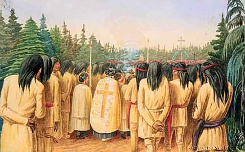 Католическая процессия с индейцами. Миссия Семи островов, 1861 г. - Акварель, карандаш; 24,1 x 39,1 см. Оттава. Национальная галерея Канады. Канада.