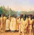 Католическая процессия с индейцами. Миссия Семи островов, 1861 г. - Акварель, карандаш; 24,1 x 39,1 см. Оттава. Национальная галерея Канады. Канада.