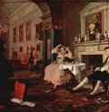 Цикл картин "Модный брак". После свадьбы, 1743-1745. - 68,5 x 89 см. Холст, масло. Рококо. Великобритания. Лондон. Национальная галерея. Время около полудня, на полу валяется перевернутый стул, карты разбросаны по ковру, а сборщик долгов в раздражении закатывает глаза. Бессонные ночи, отданные пьянству и игре в карты, чрезмерные траты денег на роскошный дом и причуды ленивой супруги служат предметом сатиры в этой картине. Хогарт подвергает критике не только нравы, но и вкусы, он высмеивает нелепые безделушки на камине, витиевато украшенные часы и мраморный бюст, более похожий на поросенка, чем на римского патриция. Поступив в обучение к Фавору, будущий художник усвоил уроки его ремесла и сбежал с его дочерью. Устав от условных штампов в искусстве, он создает средствами живописи едкие, порой беспощадные комментарии к социальным проблемам дня, выполняя серии картин, каждая из которых заключает в себе историю. Картины маслом переводились в гравюру, и их широкое распространение принесло художнику известность. Хотя его картины по времени и отчасти по манере живописи близки работам художников рококо во Франции, стиль и остроумие Хогарта являются чисто английскими.