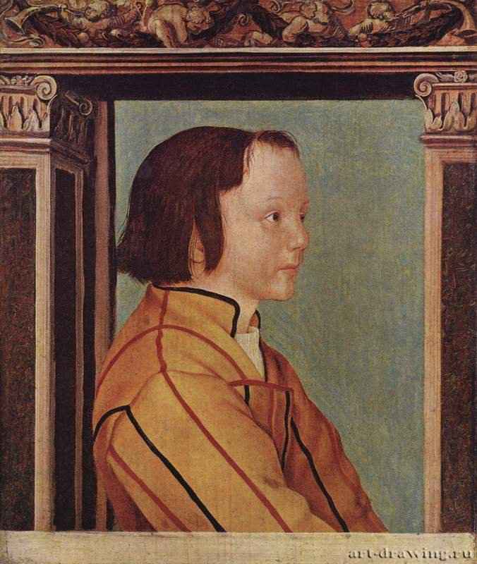 Темноволосый мальчик. 1517 - 34 x 28 смДеревоВозрождениеГермания и ШвейцарияБазель. Художественный музейПарная картина к портрету светловолосого мальчика, вероятно, его брата-близнеца