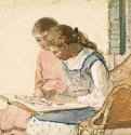 Две девочки смотрят в книгу, 1877 г. - Акварель, бумага; 13,6 x 22 см. Бостон. Музей изящных искусств. США.