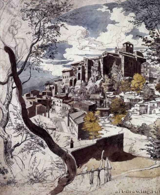 Вид Олевано, 1822г. - Черная и серая тушь, акварель, карандаш; 53,1 x 43,1 см. Берлин. Государственные музеи. Германия.