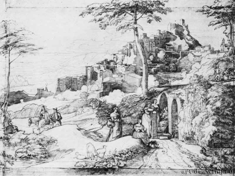 Женщины у источника близ Олевано. 1822 - 337 x 460 мм. Перо сепией, по подготовке карандашом, размывка акварелью, на белой бумаге. Веймар. Музей замка, Собрание графики.