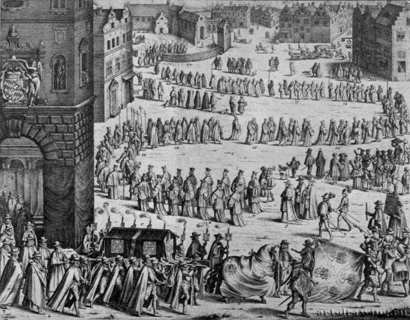 Похоронная процессия испанского полководца Иоганна Батиста фон Тассис. 1632-1636 - 339 х 433 мм. Резцовая гравюра на меди. Кёльн. Собрание Гюнтера Лейстена. Чехия.
