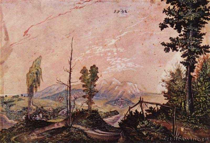 Хубер Вольф: Пейзаж в альпийских предгорьях. 1532 -  21 x 37 см Акварель Возрождение Германия Берлин. Гравюрный кабинет Дунайская школа