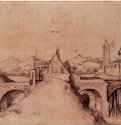 Мост на городской стене, 1505 г. - Перо коричневым тоном, черные чернила, на тонированной красноватым тоном бумаге; 199 x 265 мм. Берлин. Гравюрный кабинет. Германия.