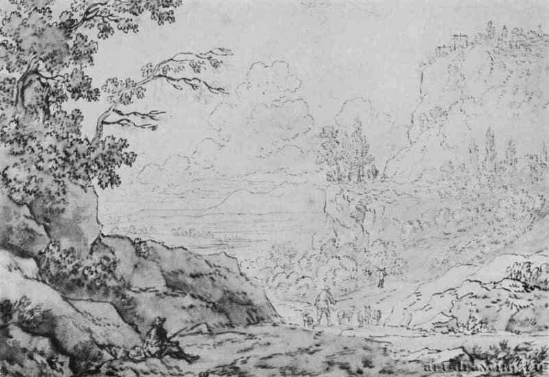 Горный пейзаж в Италии. 1653-1656 - 201 х 293 мм Перо и отмывка коричневым тоном, на бумаге Париж Школа изящных искусств, личные коллекции Голландия