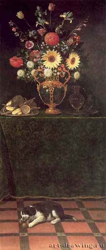 Натюрморт со сладостями, цветами, часами и щенком. 1625-1630 - 228 х 85 Холст; масло Мадрид Прадо Испания
Парная картина к картине "Натюрморт со сладостями, цветами, часами и собакой".Эти парные картины вертикального формата располагались по сторонам одной из дверей в доме королевского придворного Хеана де Крой, графа Суарского, в мадридском Калле де Алькала. Они должны были создавать иллюзию реальности, так как на них продолжался рисунок пола этого зала. После смерти графа картины в конце концов попали в королевскую коллекцию и украсили зал, в котором Филипп IV совершал трапезы.