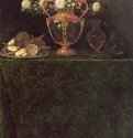 Натюрморт со сладостями, цветами, часами и щенком. 1625-1630 - 228 х 85 Холст; масло Мадрид Прадо ИспанияПарная картина к картине 'Натюрморт со сладостями, цветами, часами и собакой'.Эти парные картины вертикального формата располагались по сторонам одной из дверей в доме королевского придворного Хеана де Крой, графа Суарского, в мадридском Калле де Алькала. Они должны были создавать иллюзию реальности, так как на них продолжался рисунок пола этого зала. После смерти графа картины в конце концов попали в королевскую коллекцию и украсили зал, в котором Филипп IV совершал трапезы.
