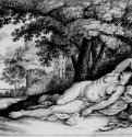 Отдыхающая нимфа из свиты богини Дианы. 1633 - 153 х 216 мм. Офорт и гравюра сухой иглой. Берлин. Гравюрный кабинет. Чехия.