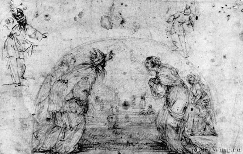 Введение Девы Марии во храм. 1650 - 179 х 278 мм. Черный и красный мел на белой бумаге. Германия. Частное собрание. Италия.