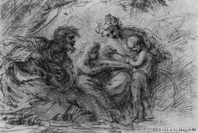 Святое семейство. 1660 - 170 х 248 мм. Сангина на бумаге. Париж. Школа изящных искусств, личные коллекции. Италия.