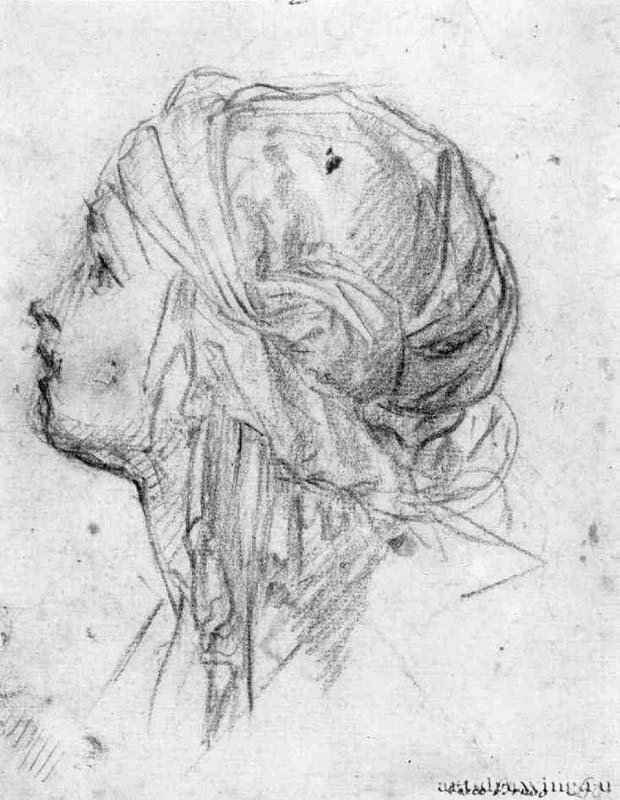 Голова смотрящей вверх девушки. 1660-1630 - 205 х 160 мм. Сангина на белой бумаге. Штутгарт. Государственная галерея, Собрание графики. Италия.