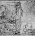Сидящая на кровати с балдахином фигура. Первая половина 17 века - 311 х 460 мм. Черный и красный мел на белой бумаге. Оксфорд. Музей Эшмолеан, Отдел гравюры и рисунка. Италия.