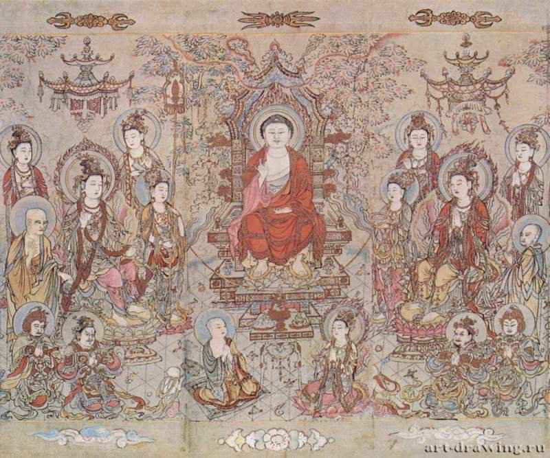 Проповедь Будды Шакьямуни. 1173-1176 - 30,4 см (высота) смШёлк, тушь, краскиКитайТайвань. Дворцовое собраниеДеталь свитка с буддийскими изображениями