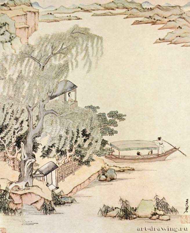 Прогулка на лодке по озеру. 1620-1650 - 33,5 x 27,3 смБумага, тушь, краскиКитайЛугано. Собрание И. П. ДубочаЛист из альбома, школа Мин (поздний период)