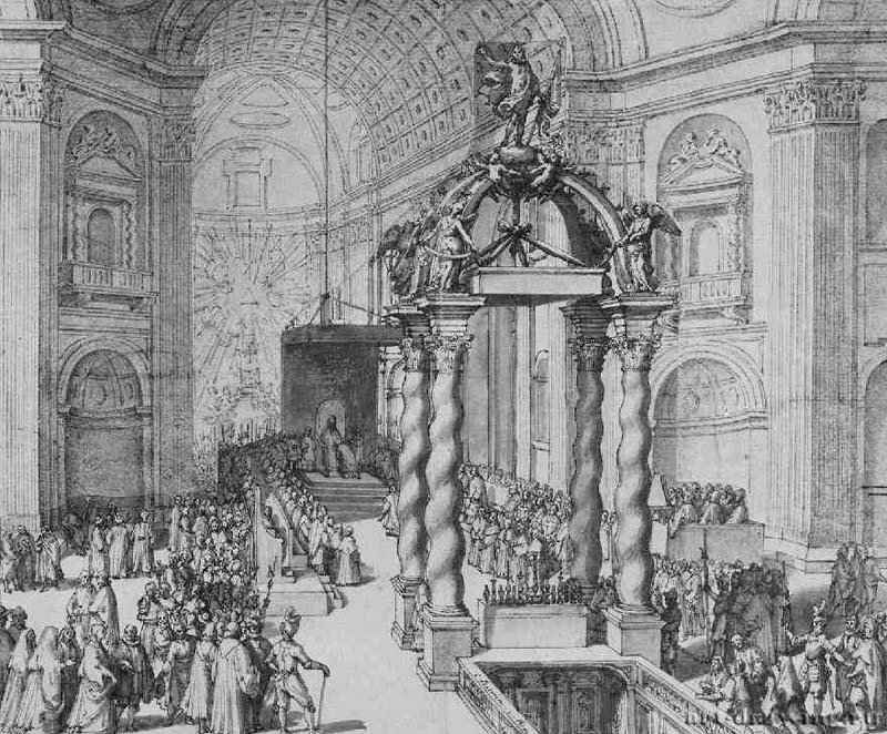 Пространство хора собора Святого Петра с мoделью тaбернaкля. 1625-1629 - Нью-Йорк. Библиотека Пирпонта Моргана. Италия.