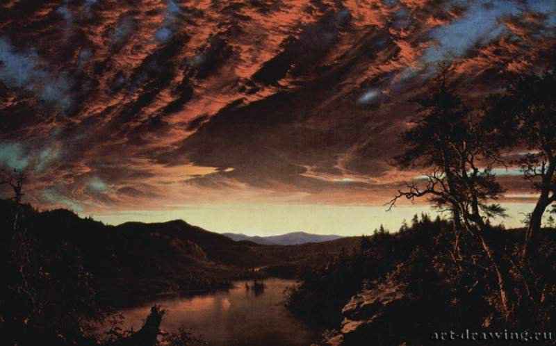 Сумерки в чаще леса, 1860. - 101,5 x 162 см. Холст, масло. Романтизм. США. Кливленд (штат Огайо). Художественный музей. Поистине захватывающее зрелище являет собой раскаленный вулкан, извергающий облака черного дыма. Природа показана художником во всем своем могущественном великолепии. Единственный ученик Томаса Коула, Чёрч стал ведущим пейзажистом Америки. Состояние природы, лишенной следов человеческого присутствия, было предметом его творческого внимания. Изучив родной край - Новую Англию. Чёрч обратился на поиски драматических ландшафтов. Вопреки традиции своего времени, художник не испытывал желания путешествовать но Европе, а выбрал для себя Южную Америку. Настоящая картина была написана в Эквадоре и изображает вулкан Копотаки. С поразительным мастерством Чёрч запечатлел чудесные, не отмеченные на картах местности, всякий раз сообразуя стилистические особенности своей живописи с характером окружающей природы. Путешествуя по Арктике и Южной Америке. Чёрч создавал панорамные пейзажи, исполненные эпического величия, грандиозные по замыслу и отвечающие требованиям романтического искусства.