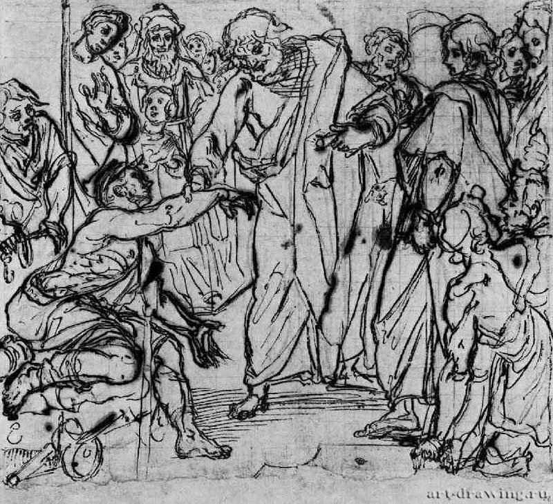 Петр исцеляет паралитика. 1604 - 258 х 286 мм. Перо коричневым тоном по рисунку сангиной, на белой бумаге, разметка на квадраты черным мелом. Гамбург. Кунстхалле, Гравюрный кабинет. Италия.