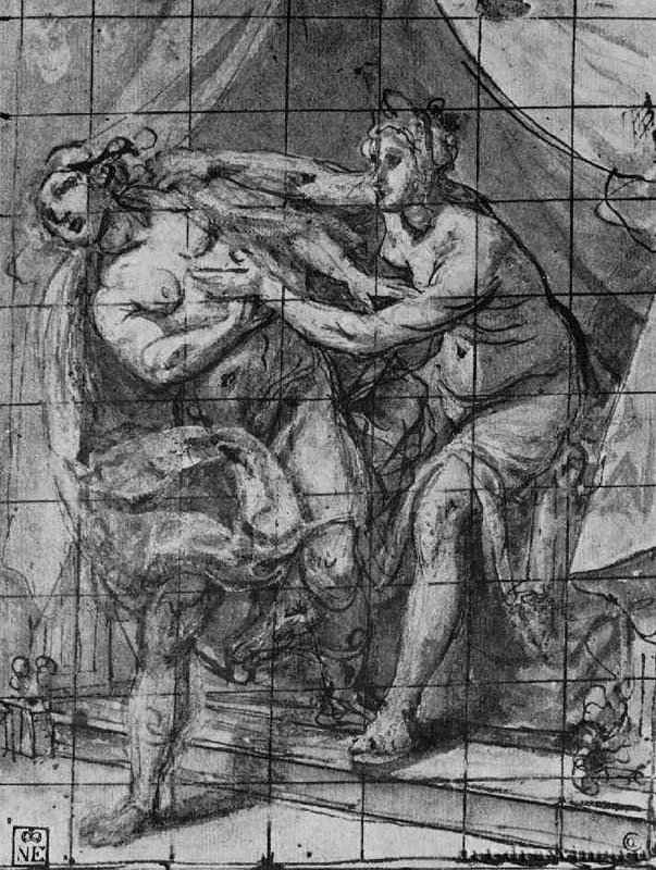Иосиф и жена Потифара. 1610 - 217 х 161 мм. Перо коричневым тоном, отмывка голубым тоном, разметка на квадраты Пером. Будапешт. Музей изящных искусств. Италия.