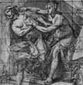 Иосиф и жена Потифара. 1610 - 217 х 161 мм. Перо коричневым тоном, отмывка голубым тоном, разметка на квадраты Пером. Будапешт. Музей изящных искусств. Италия.
