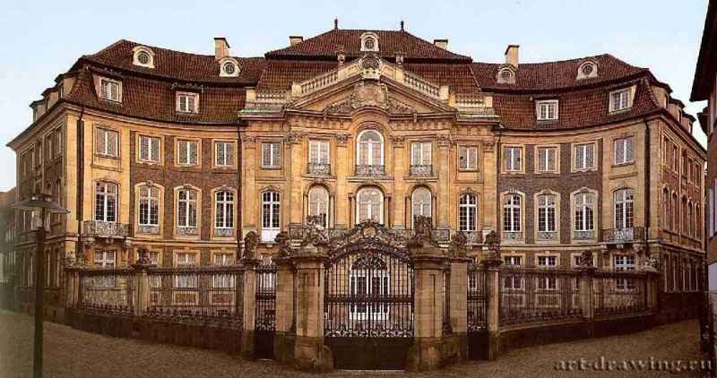 Эрбдростенхоф. Фасад со стороны парадного двора. 1753-1757 - Мюнстер. Германия. Ансамбль, созданный под влиянием итальянской архитектуры, расположен на угловом участке, окруженным городской застройкой. Дворец замыкает треугольный парадный двор, обнесенный с двух сторон оградой. Ворота, поставленные на пересечении улиц, отмечают угол двора и находятся на центральной оси дворца. Из вестибюля чуть изогнутые лестничные марши ведут в боковые помещения, а затем в двухъярусный парадный зал, расположенный над вестибюлем.