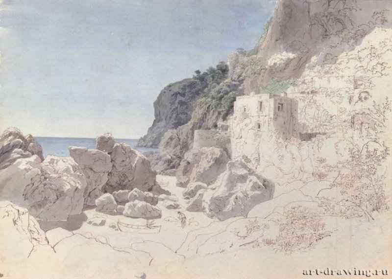 Побережье близ Амальфи, 1825 - 373 x 522 мм. Перо тушью, кисть цветной акварелью по подготовке карандашом, на белой бумаге. Дармштадт. Музей земли Гессен, Собрание графики.
