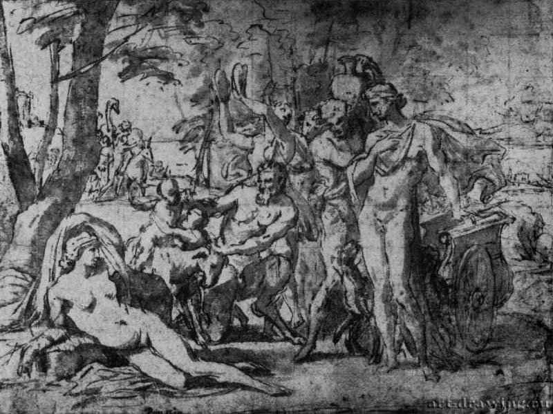Вакх и Ариадна на острове Наксос. 1638-1639 - 158 х 213 мм. Перо коричневым тоном, сангина, отмывка коричневым тоном и подсветка белым, на бумаге, разметка на квадратычерным мелом. Париж. Школа изящных искусств, личные коллекции. Франция.