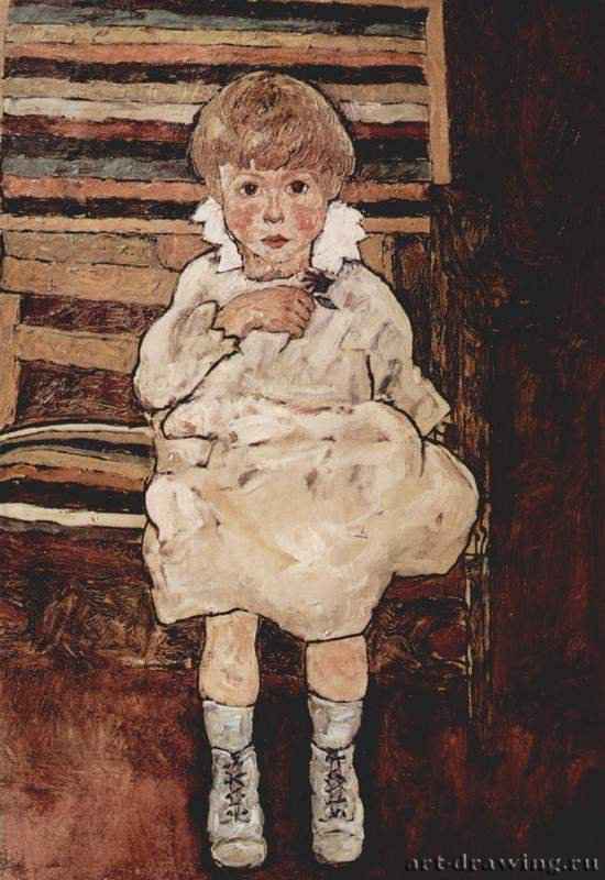 Сидящий ребенок 1918 - 100,5 x 70,5 смХолст, маслоЭкспрессионизмАвстрияНью-Йорк. Частное собрание
