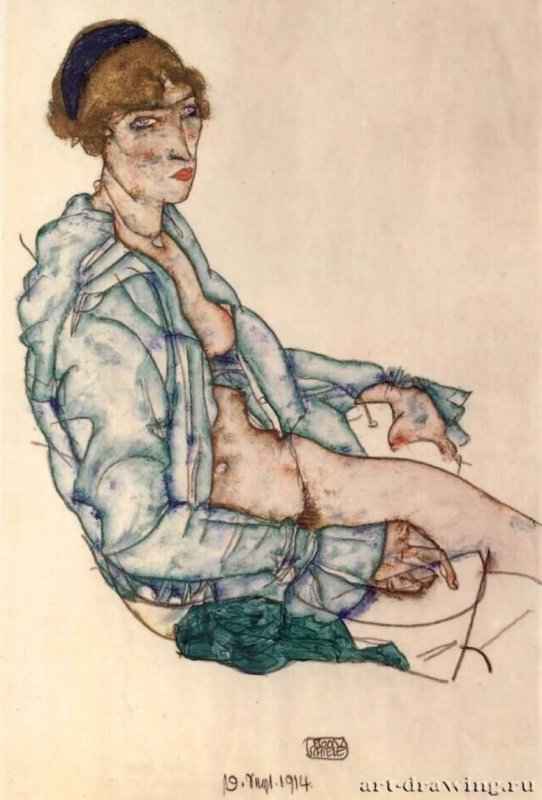 Сидящая женщина с синей лентой в волосах, 1914 г. - Бумага, карандаш, акварель; 48,2 x 32 см. Вена. Собрание Леопольд. Австрия.