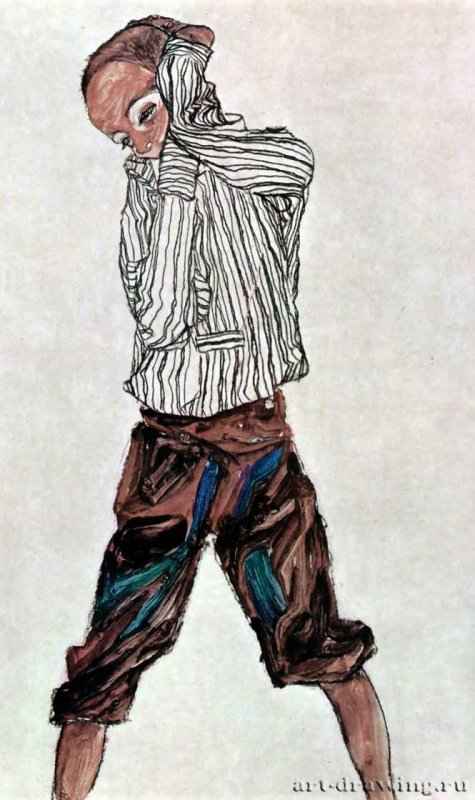 Юноша в полосатой рубашке, 1910 - 1913 г. - Черный мел и акварель; 452 x 312 мм. Вена. Частное собрание. Австрия.