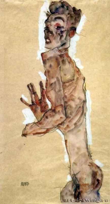 Автопортрет обнаженным, 1911 г. - Бумага, карандаш, акварель; 53 x 29,1 см. Вена. Собрание графики Альбертина. Австрия.