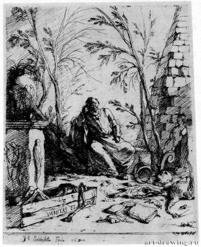 Демокрит, погруженный в размышления. 1654 - 161 х 131 мм. Офорт. Карлсруэ. Кунстхалле, Гравюрный кабинет. Германия.