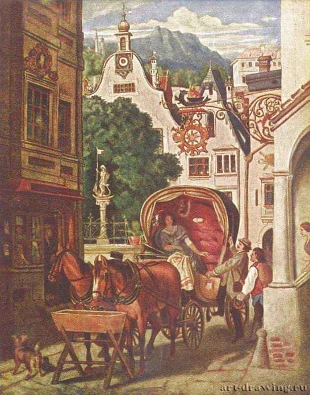 Свадебное путешествие. 1867 - 52 x 41 смДеревоРомантизм, бидермейерГермания и АвстрияМюнхен. Галерея Шака