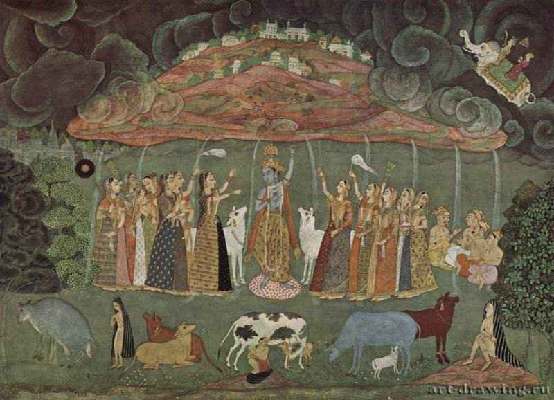 Кришна и гора Говардхан. 1690 * - 22 x 30 смБумагаСтиль раджастаниИндияЛондон. Британский музейБиканерская школа