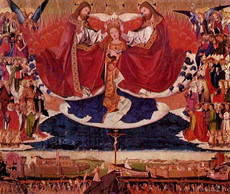 Коронование Марии. Алтарь монастыря картезианцев в Авиньоне. 1453-1454 - 183 х 220 смДерево, темпераПоздняя готикаФранцияВильнёв-лез-Авиньон. Музей госпиталя