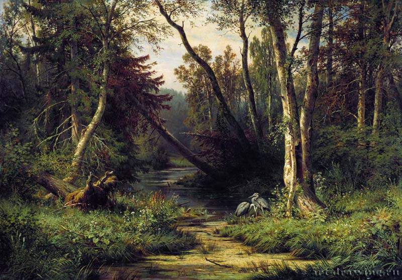 Лесной пейзаж с цаплями. 1870 - 79 х 112
