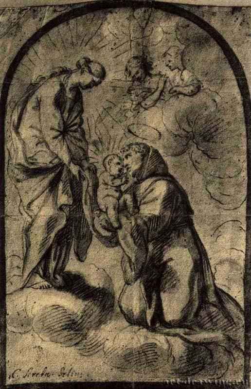 Святой Антоний Падуанский с младенцем Христом и Марией. 1650-1560 - 235 х 160 мм. Перо бистром, по подготовке черным мелом, на светло-коричневой бумаге. Прага. Народная галерея, Дворец Кинских (Гравюрный кабинет). Чехия.